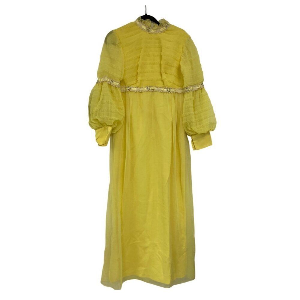 Vintage Womens Shift Dress 11-12 Yellow Ruffled Maxi Bell Sleeve Cottagecore